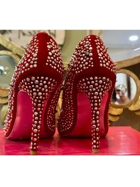 Red Rhinestone Studded Stiletto Heels – Spiked Glam Pumps